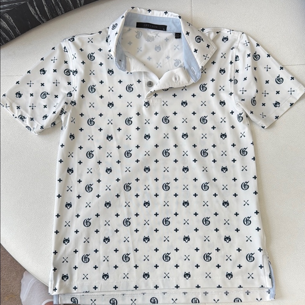 GREYSON PUPS icon pattern blue polo shirt barely worn